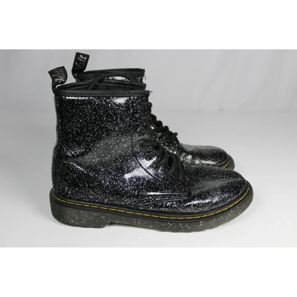 Dr. Martens Delaney Black Glitter Patent Boots Lace Up Side Zip Kids Shoes